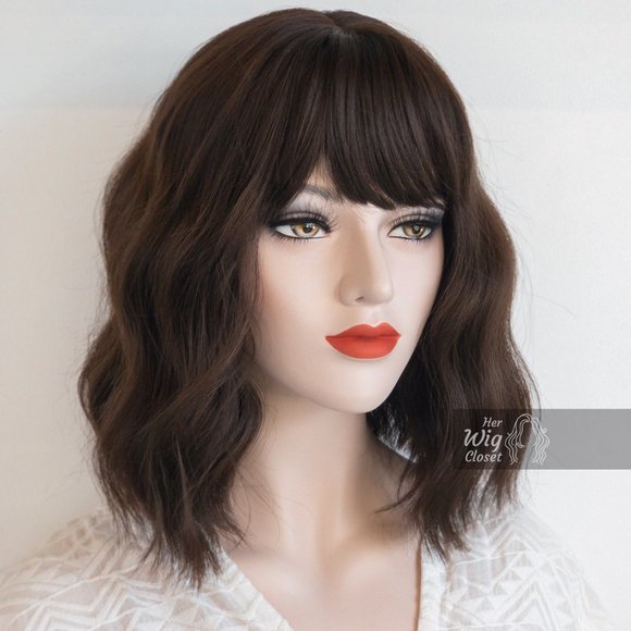 Brunette Medium Brown Wavy Wig with Bangs | Mila